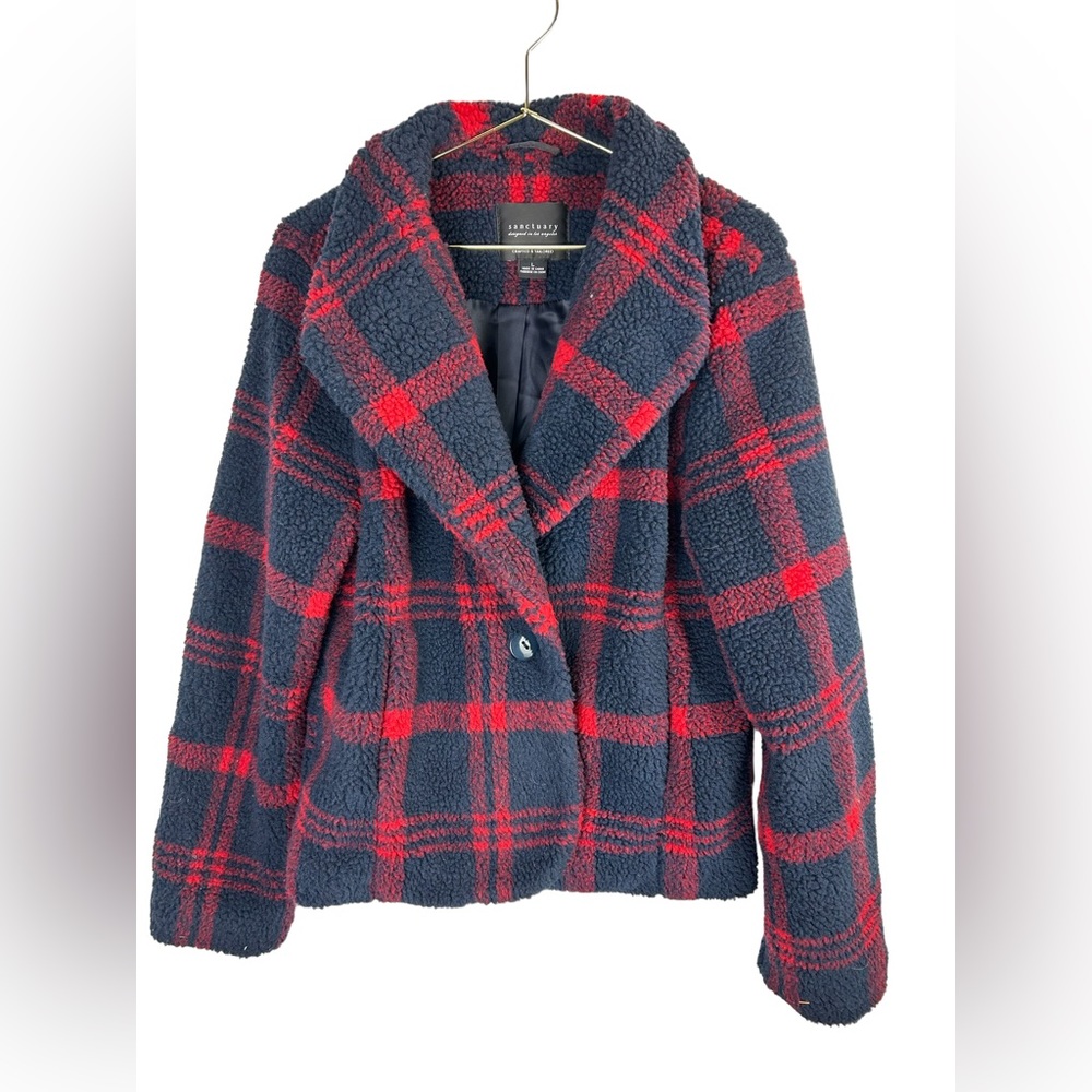 Sanctuary Womens Red Navy Plaid Teddy jacket Coat Size Large
